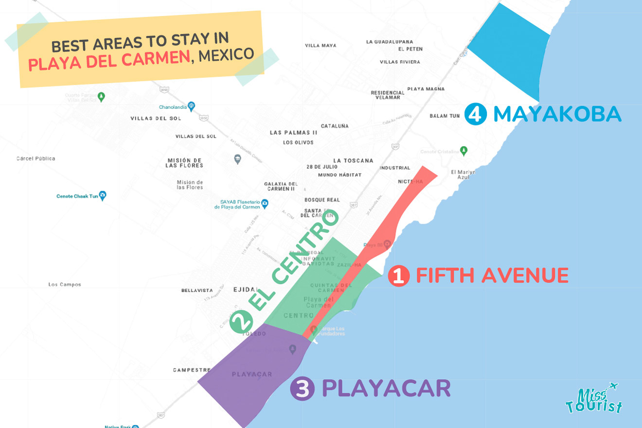 Map of best places to stay Playa del Carmen